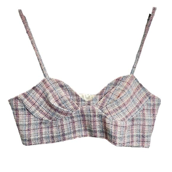 Zara Tweed Bustier Top Pink Blue XL Plaid Checkered Metallic Threading Crop Top - Picture 8 of 12